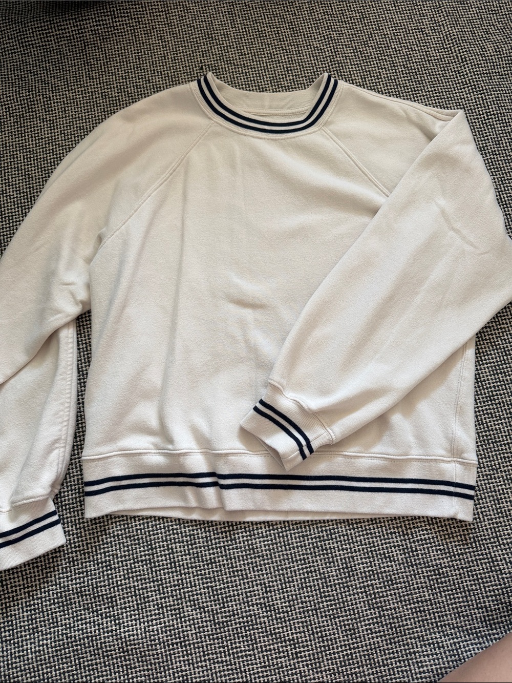 Men's White Crewneck Sweater with Navy Stripe Trim
